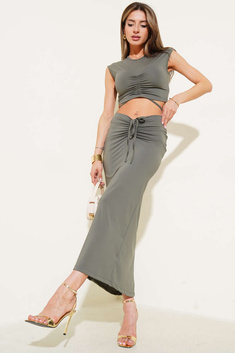 Ruched Crop Top and Skirt Set - Khaki