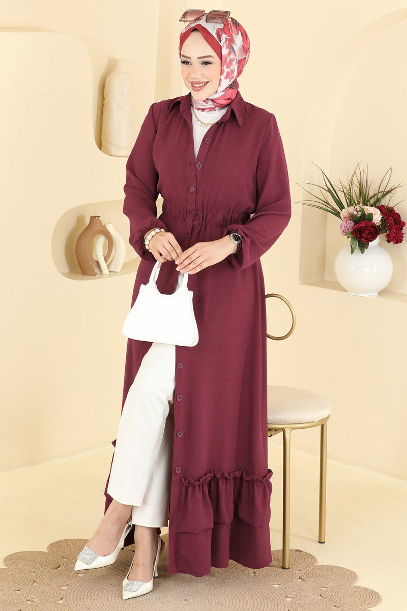 Gathered Aerobin Button Dress - Burgundy