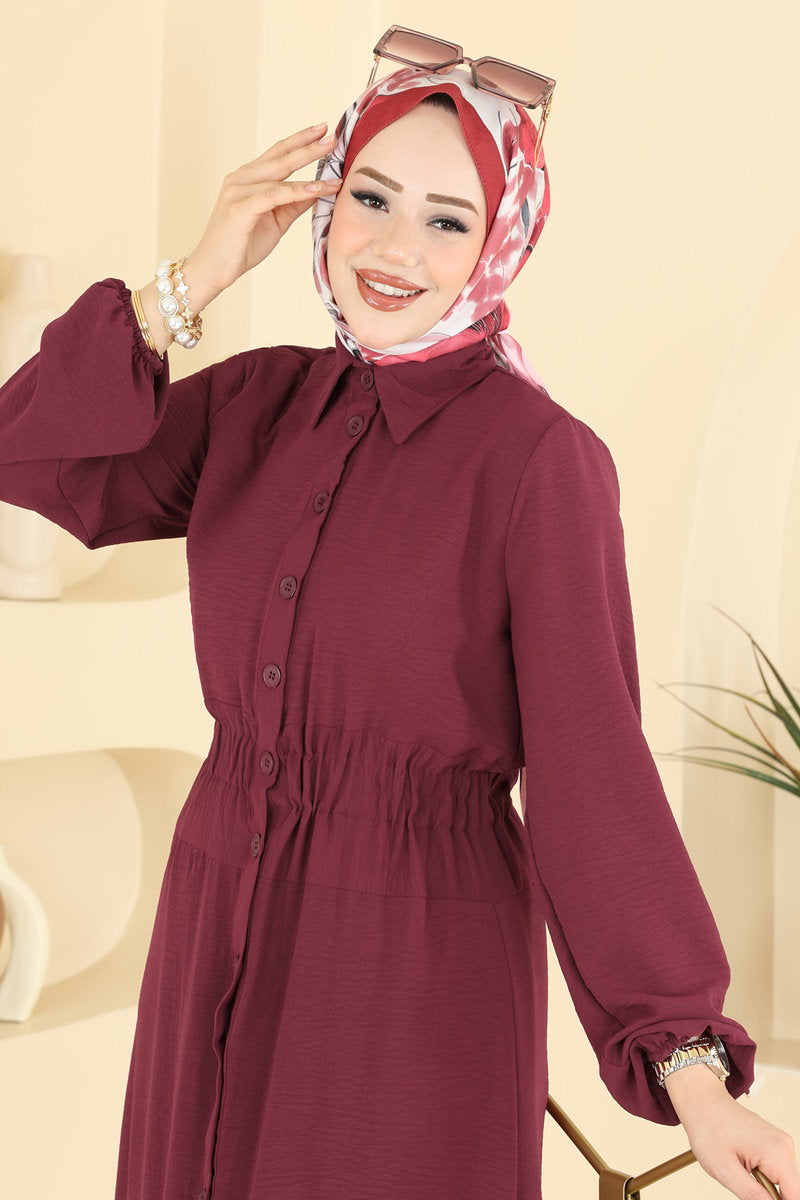 Gathered Aerobin Button Dress - Burgundy