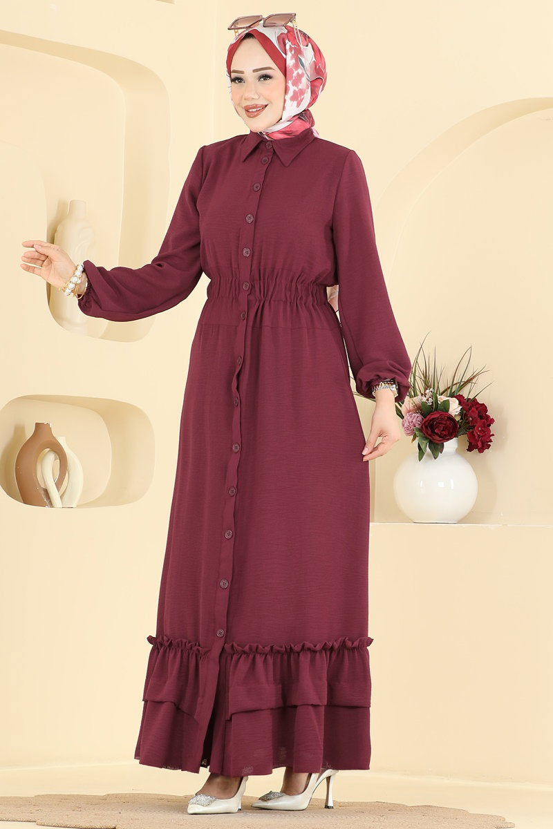 Gathered Aerobin Button Dress - Burgundy