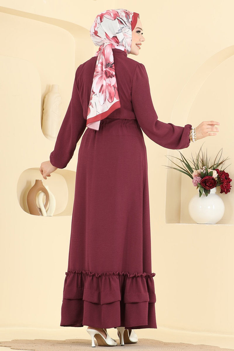 Gathered Aerobin Button Dress - Burgundy