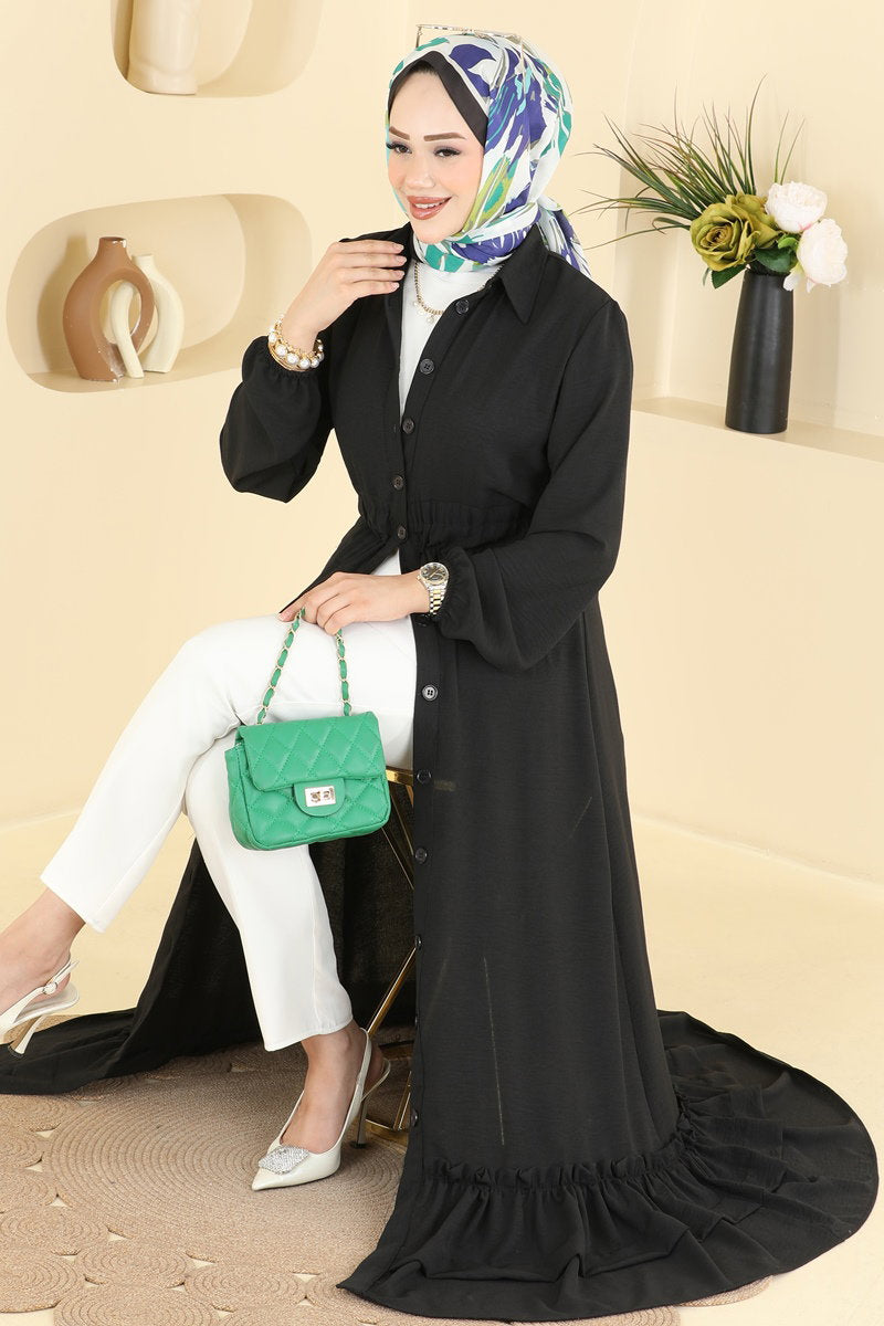 Gathered Aerobin Button Dress - Black