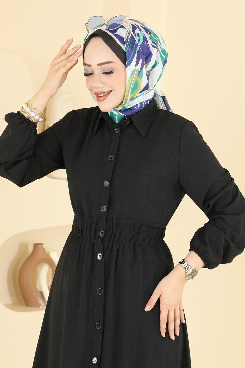 Gathered Aerobin Button Dress - Black