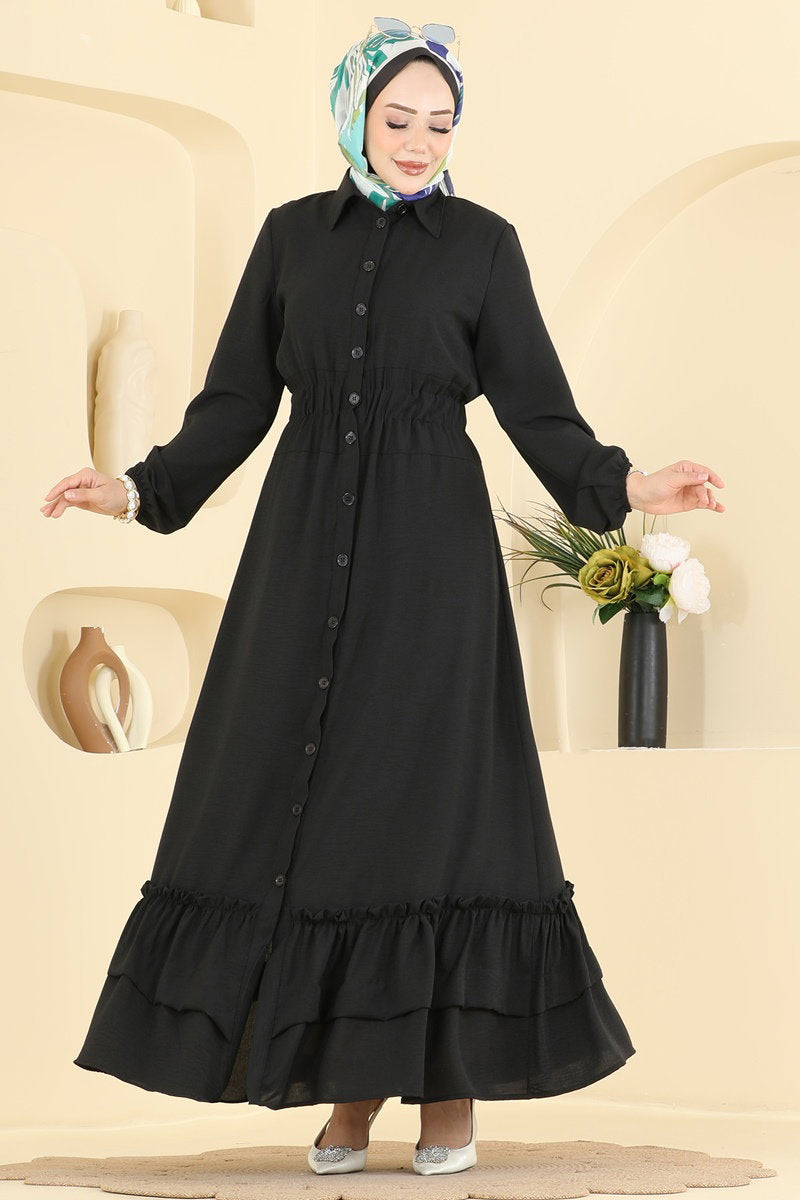Gathered Aerobin Button Dress - Black