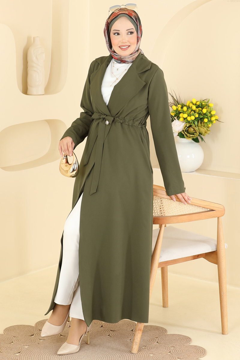 Gathered Button Abaya Coat - Khaki