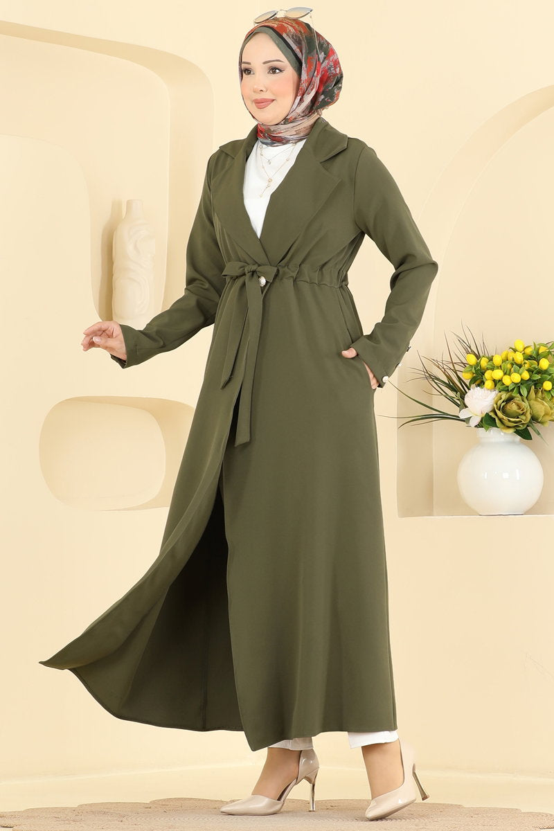 Gathered Button Abaya Coat - Khaki