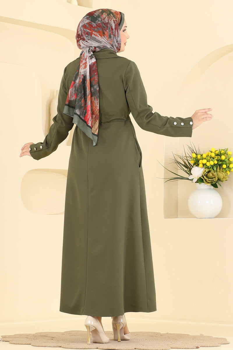 Gathered Button Abaya Coat - Khaki
