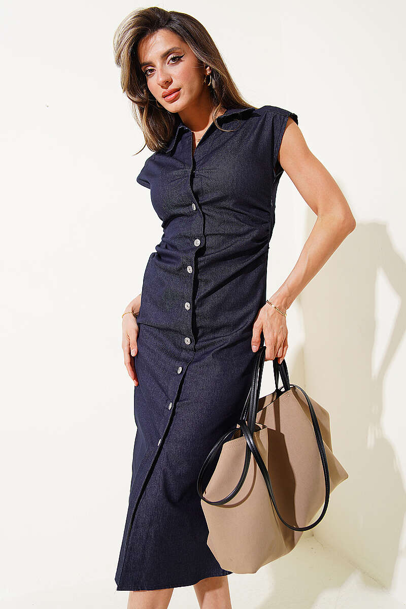 Ruched Button Denim Dress - Navy