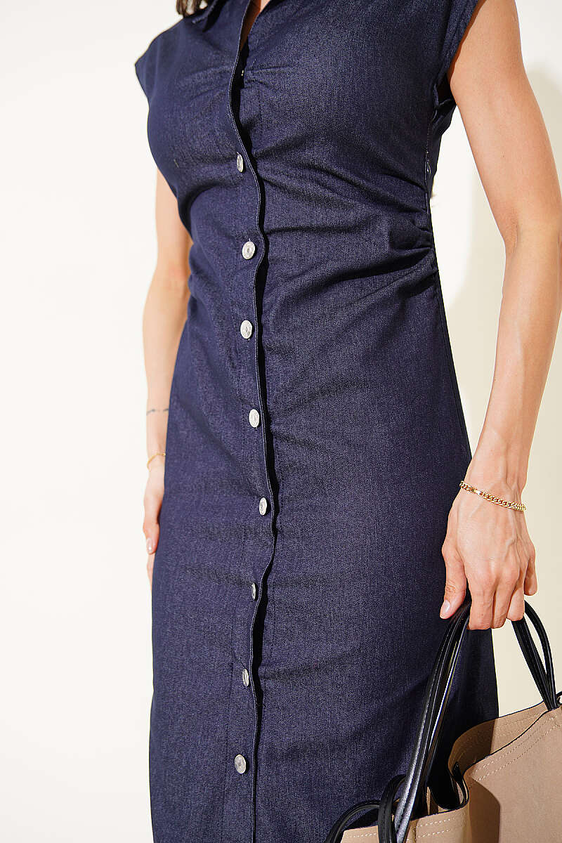 Ruched Button Denim Dress - Navy