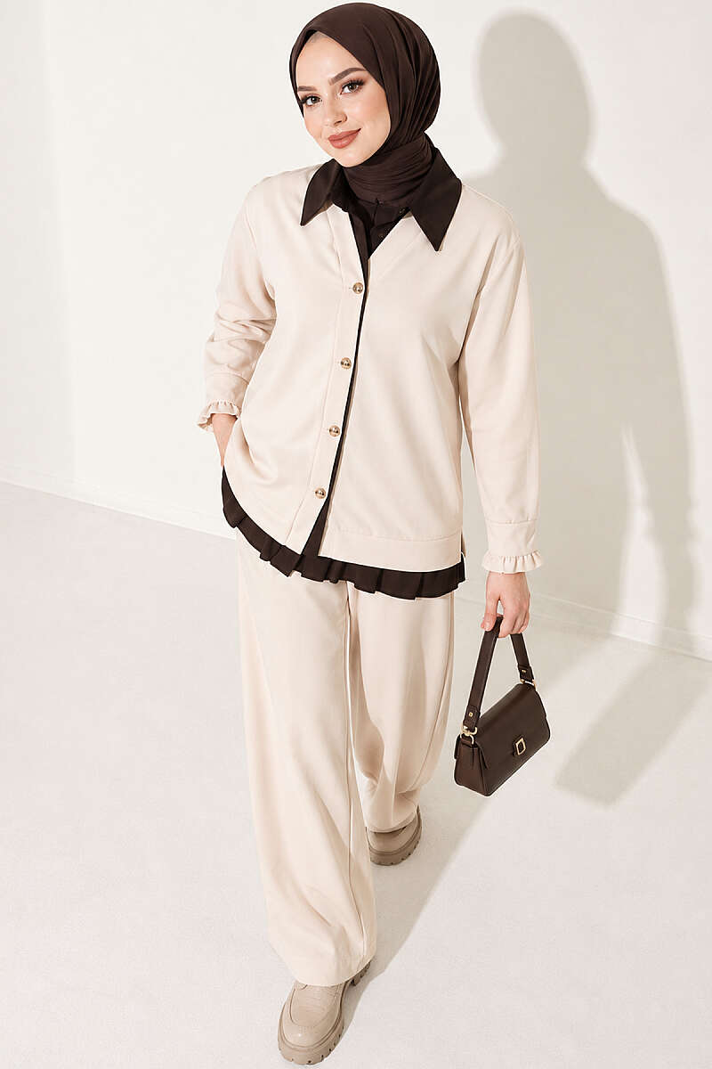 Gathered Two-Piece Set with Trim - Beige