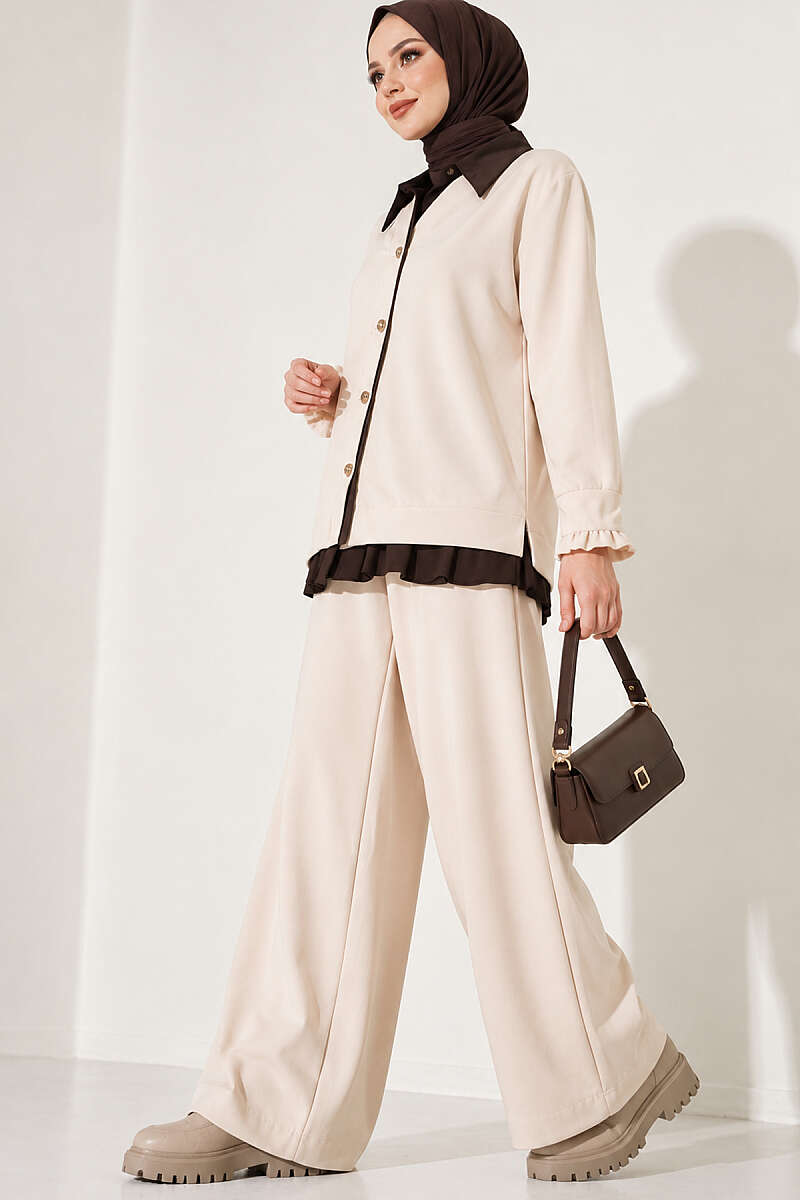 Gathered Two-Piece Set with Trim - Beige
