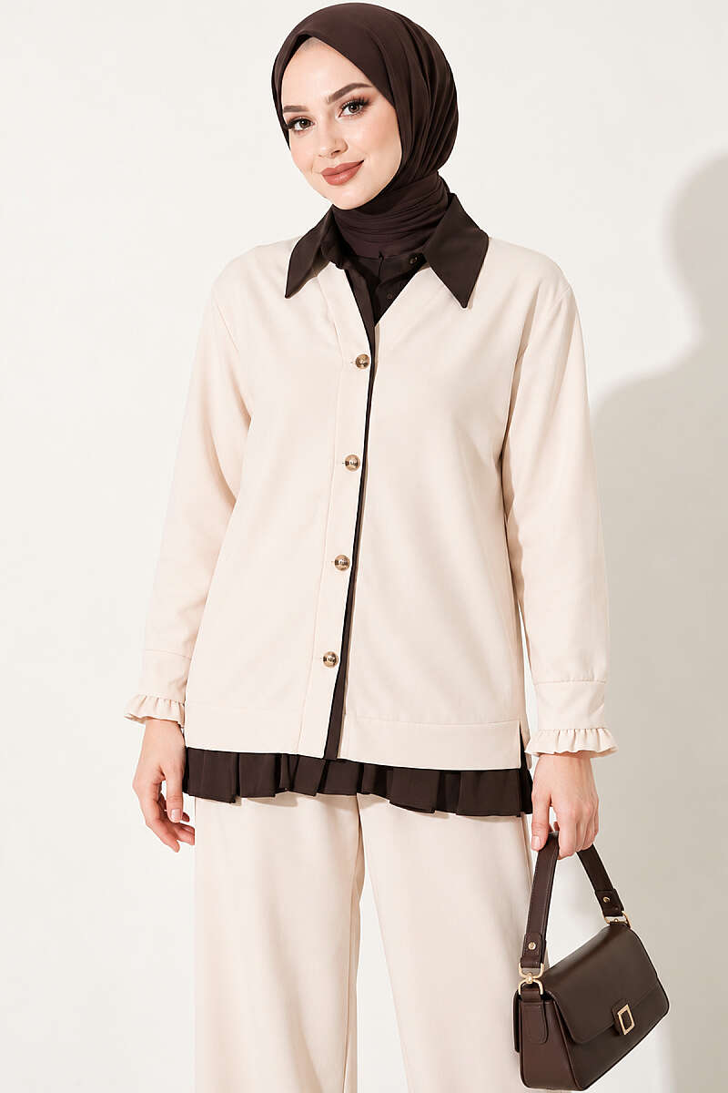 Gathered Two-Piece Set with Trim - Beige