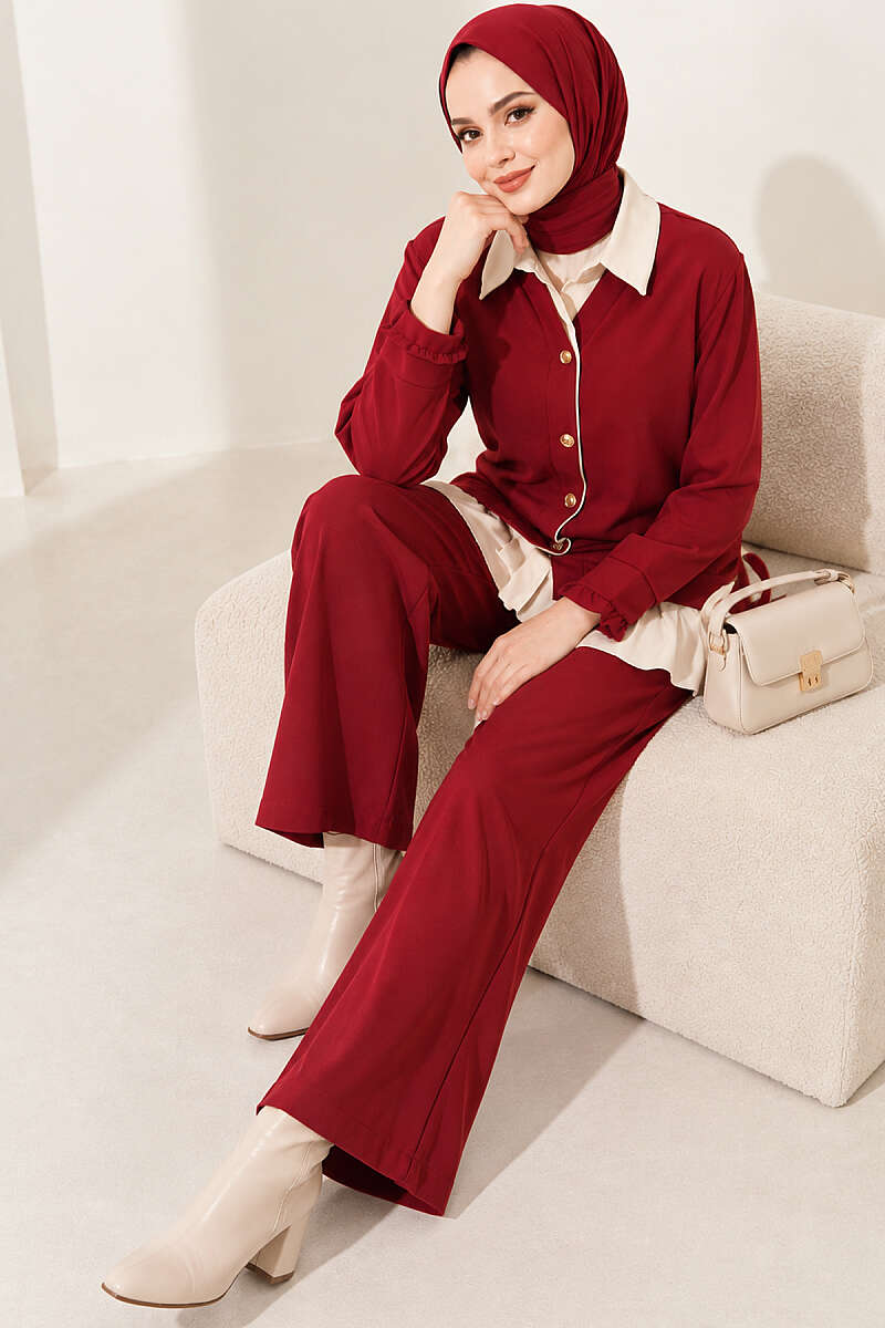 Gathered Two-Piece Set with Trim - Burgundy