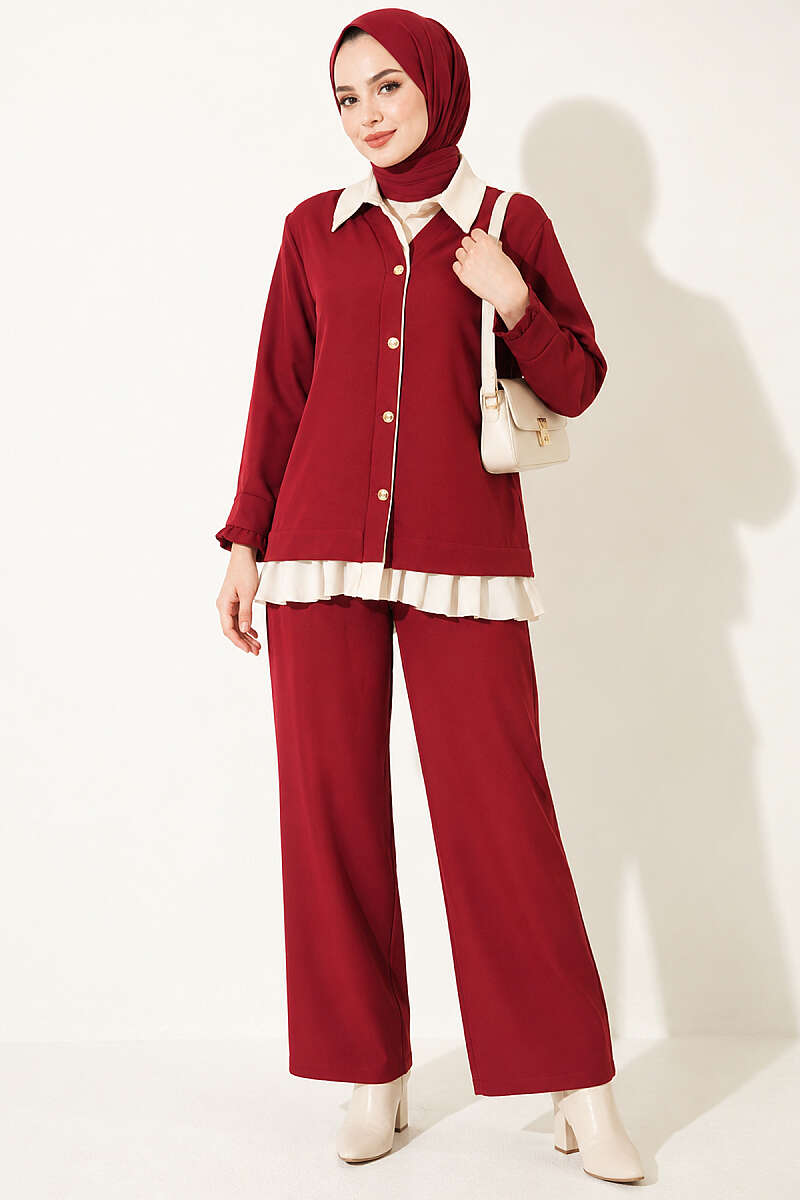Gathered Two-Piece Set with Trim - Burgundy