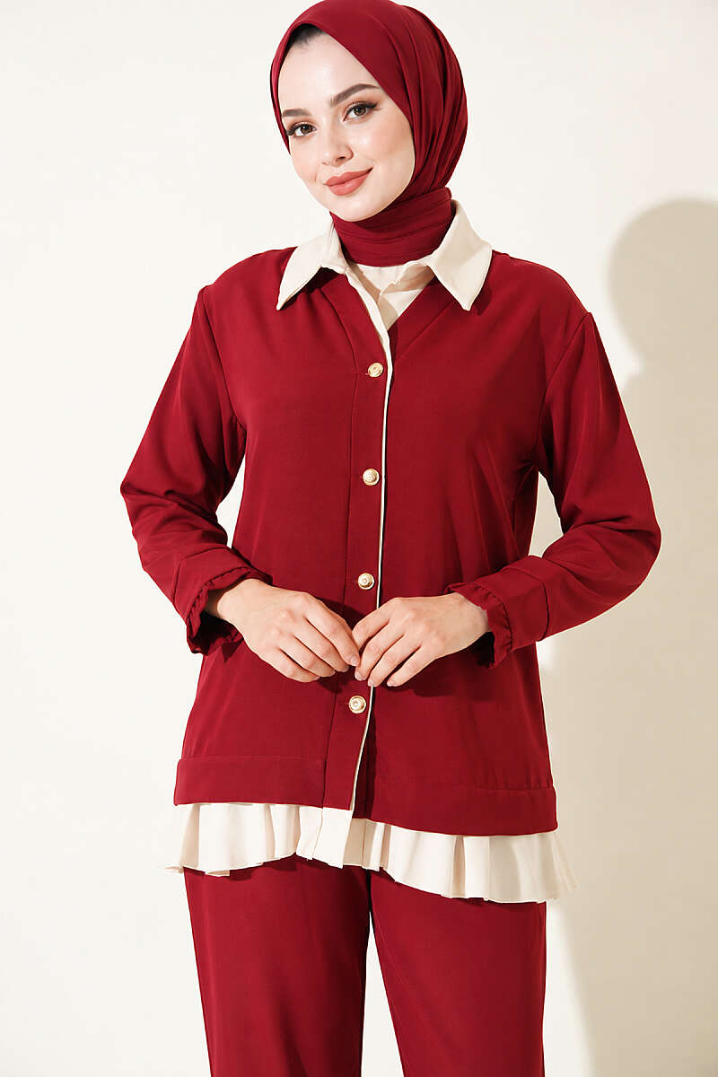 Gathered Two-Piece Set with Trim - Burgundy