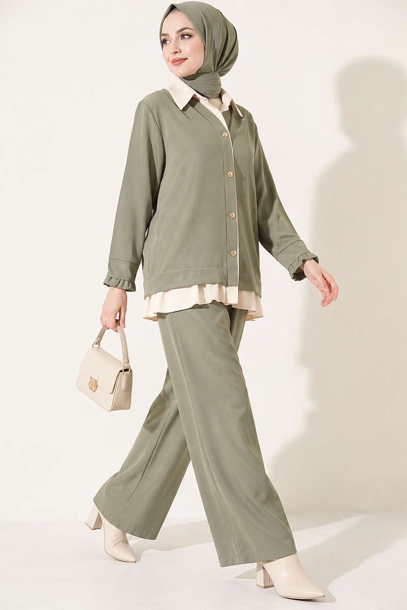 Gathered Two-Piece Set with Trim - Almond Green
