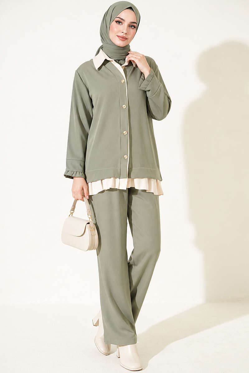 Gathered Two-Piece Set with Trim - Almond Green