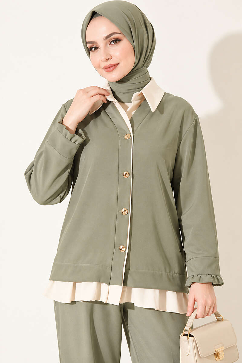 Gathered Two-Piece Set with Trim - Almond Green