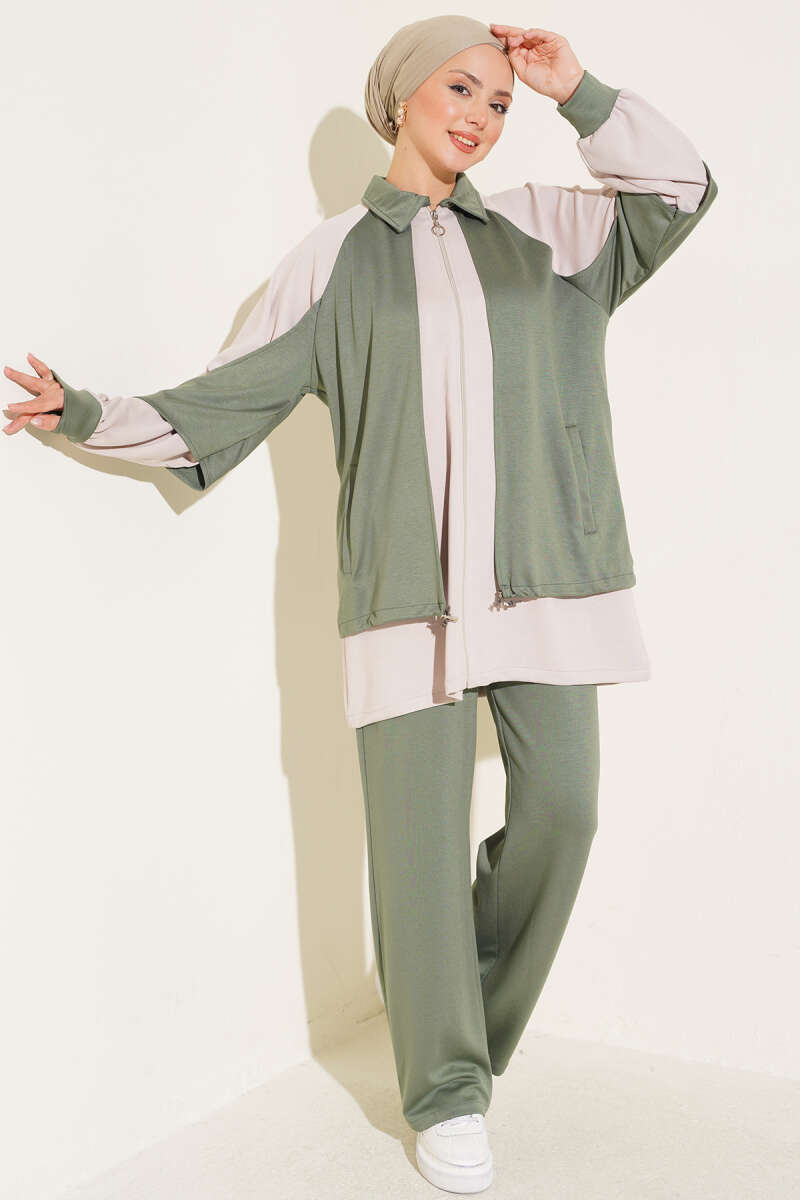 Gathered-Detail Two-Piece Set - Khaki