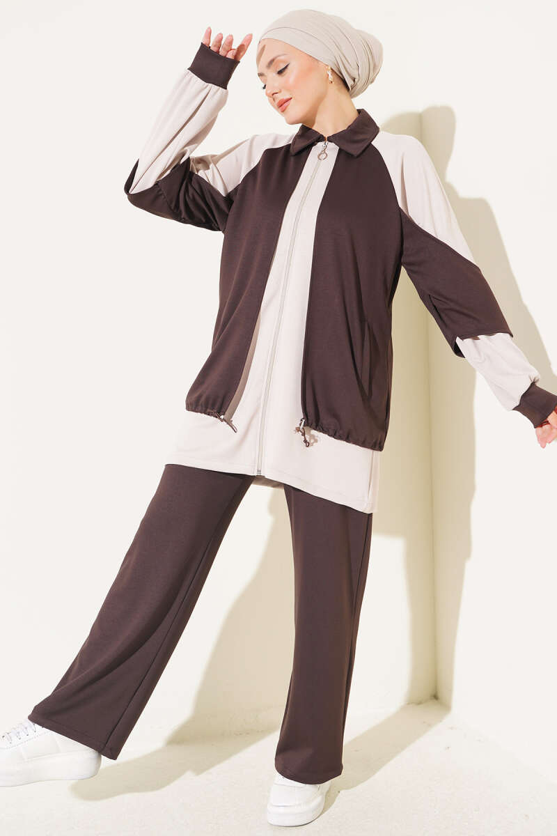 Gathered-Detail Two-Piece Set - Brown