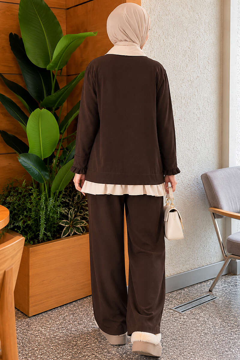 Gathered Two-Piece Set with Trim - Brown