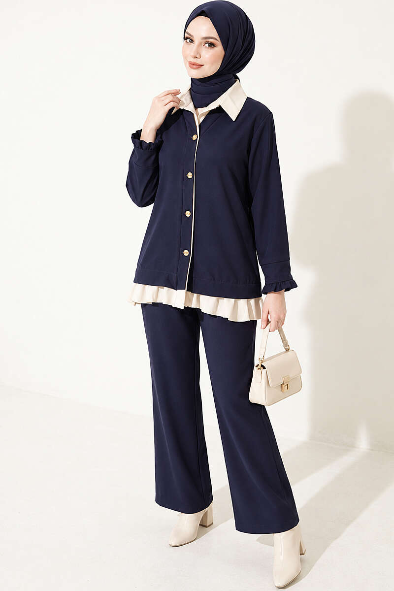 Gathered Two-Piece Set with Trim - Navy