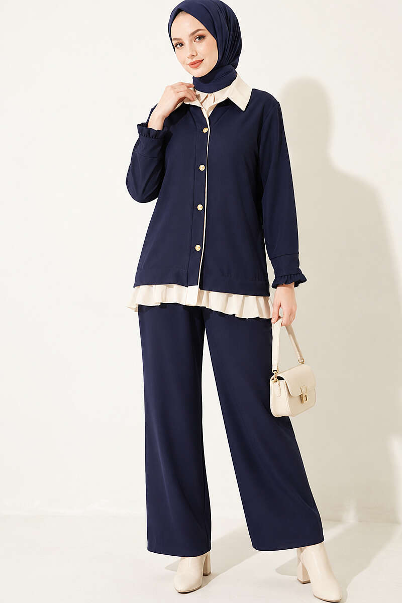 Gathered Two-Piece Set with Trim - Navy