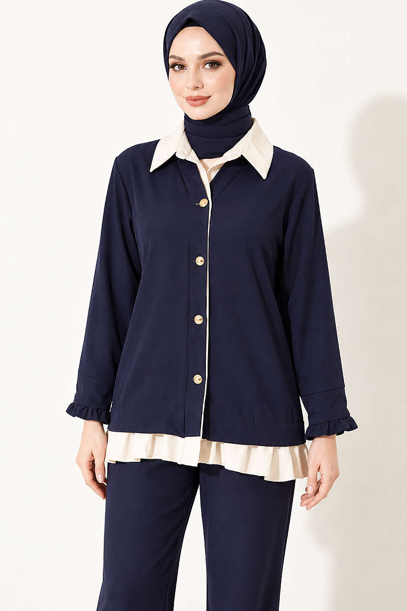 Gathered Two-Piece Set with Trim - Navy