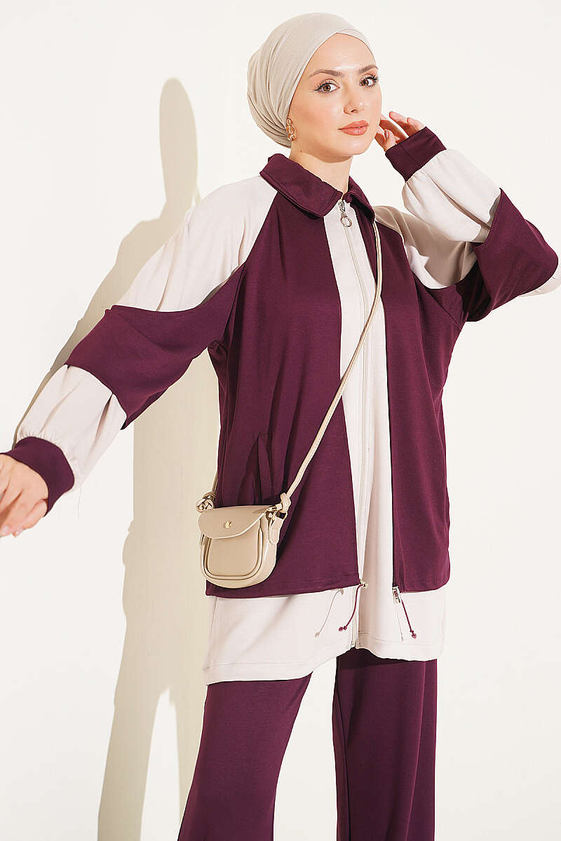 Gathered-Detail Two-Piece Set - Plum