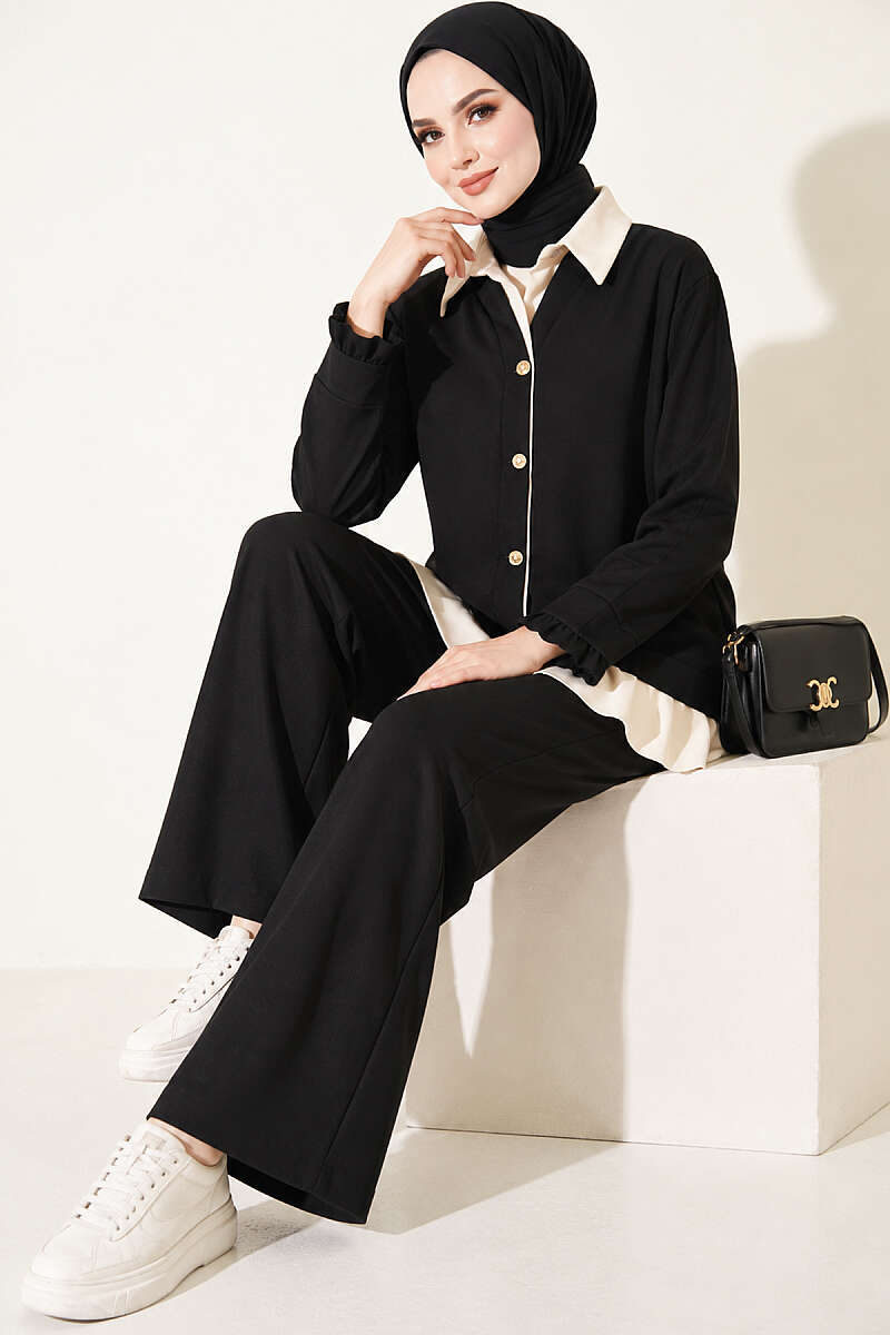Gathered Two-Piece Set with Trim - Black