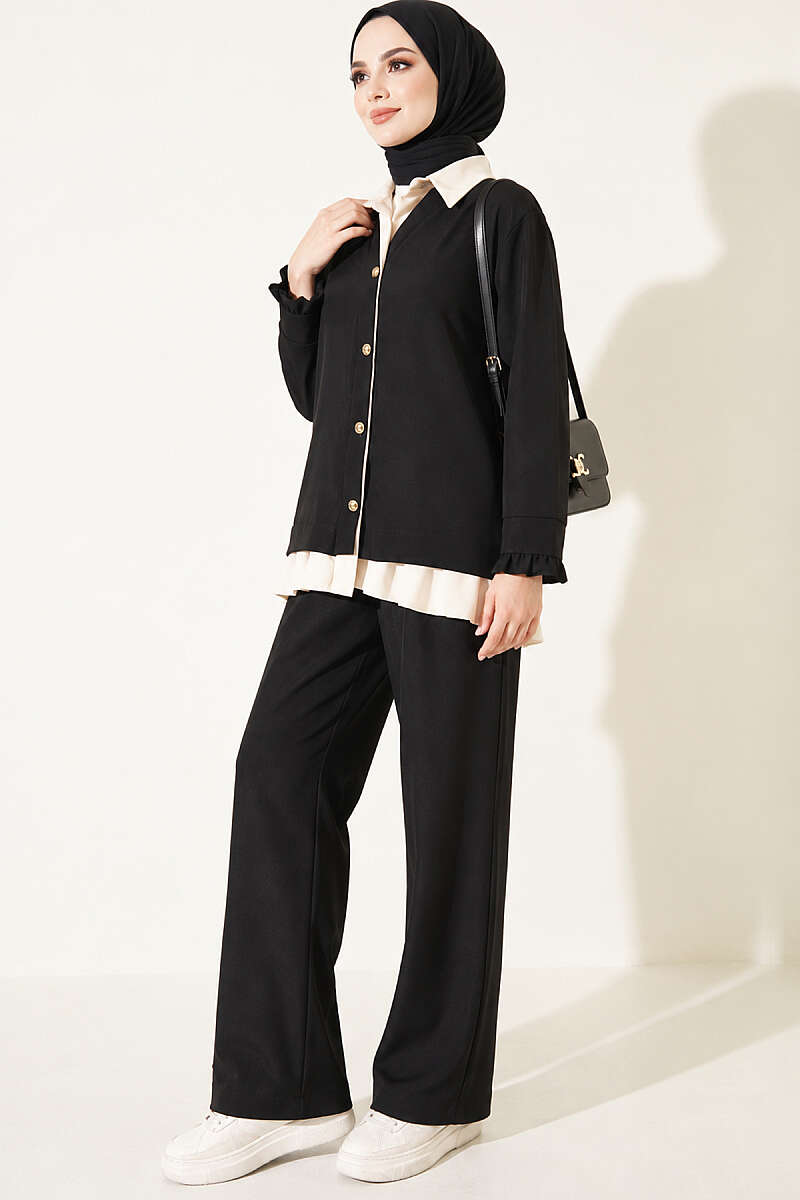 Gathered Two-Piece Set with Trim - Black