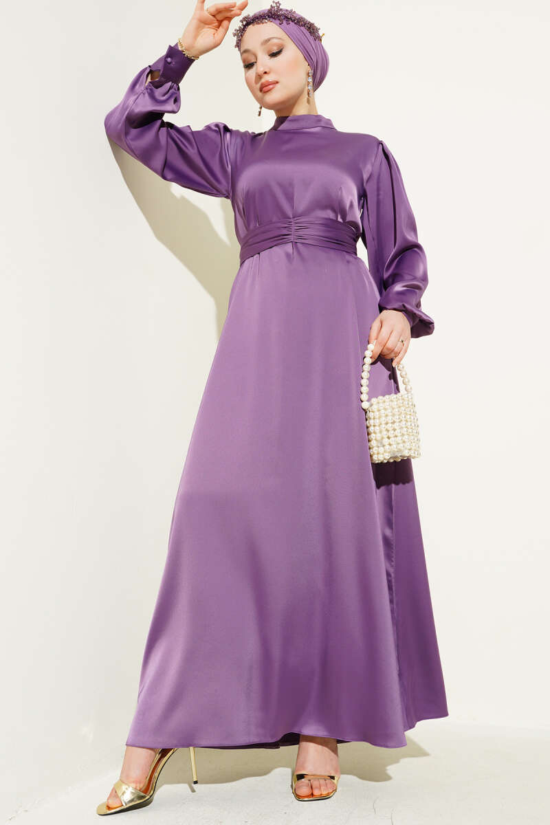 Basic Satin Dress with Ruched Belt - Lilac