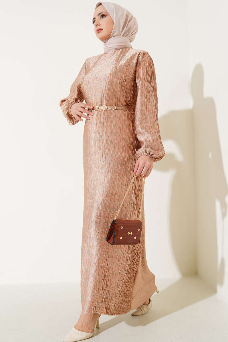 Belted Gathered Plissé Dress - Beige