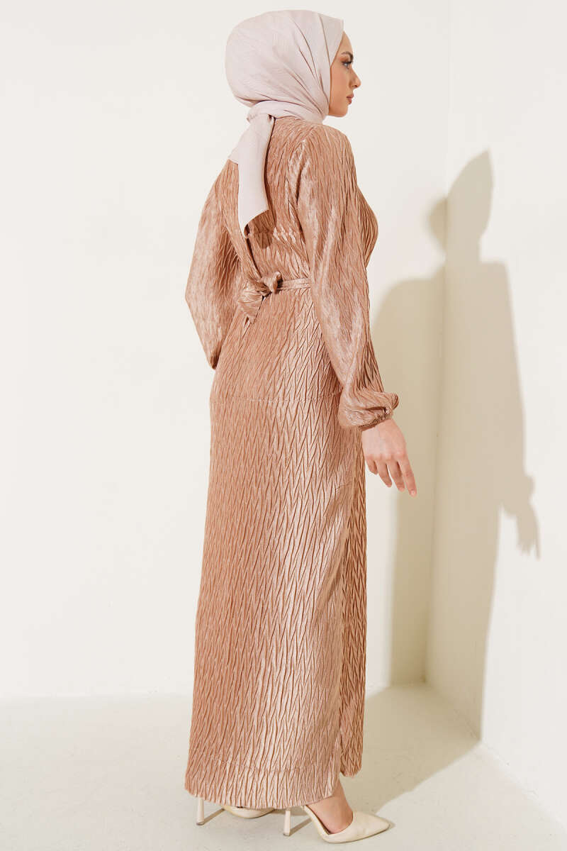 Belted Gathered Plissé Dress - Beige