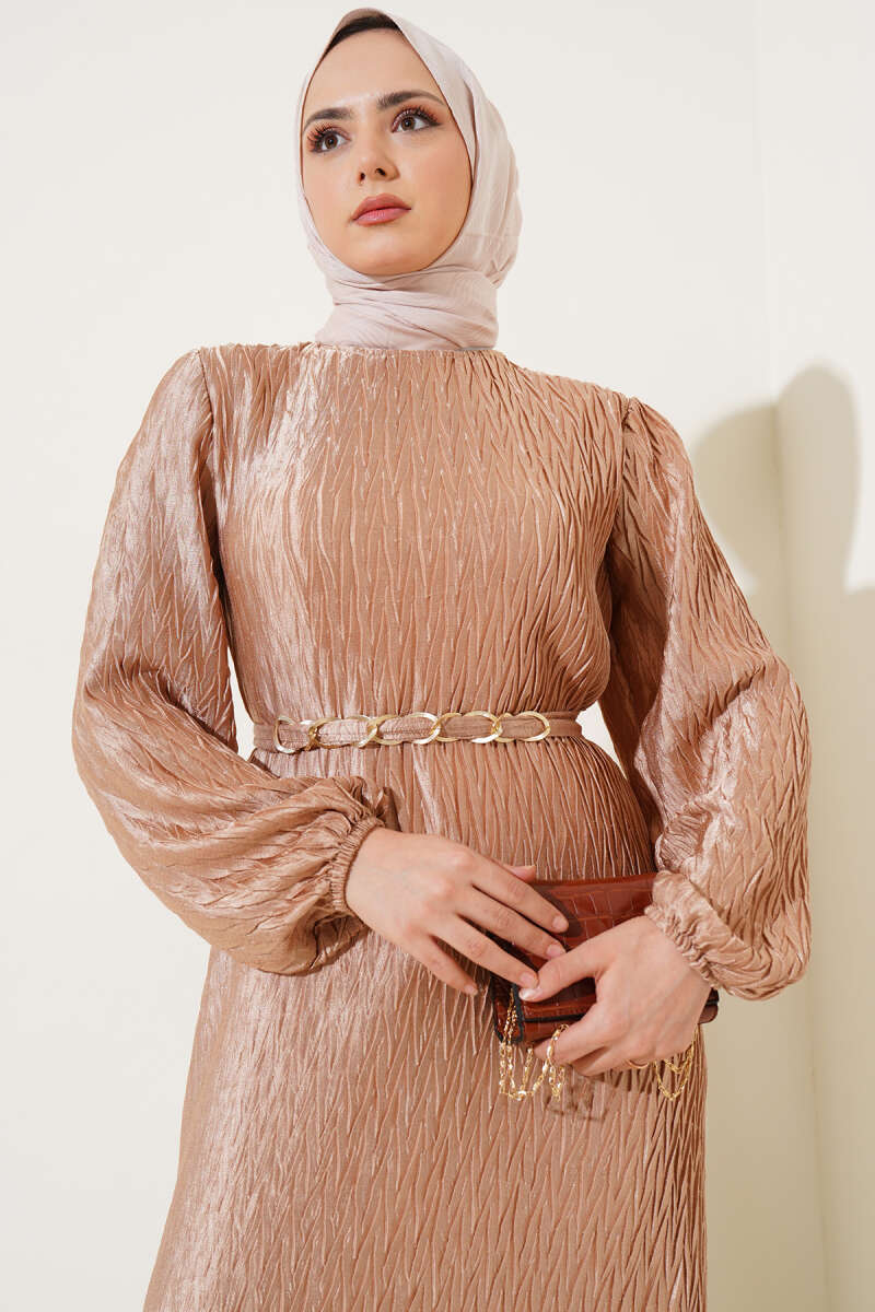 Belted Gathered Plissé Dress - Beige