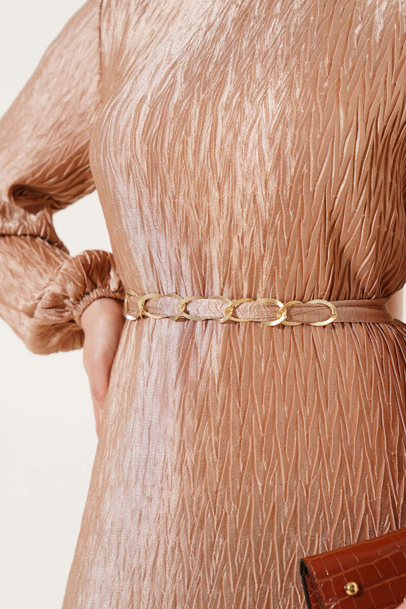 Belted Gathered Plissé Dress - Beige