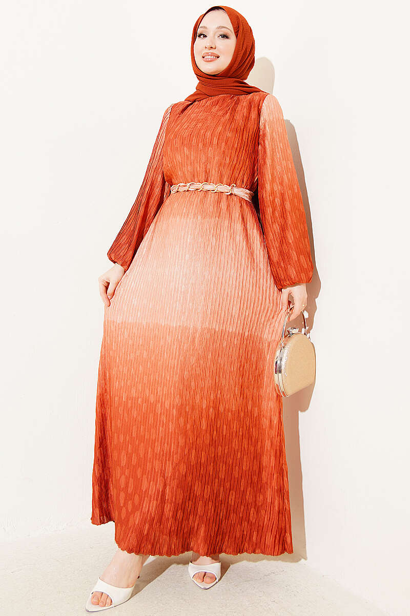 Belted Gathered Plissé Dress - Brick