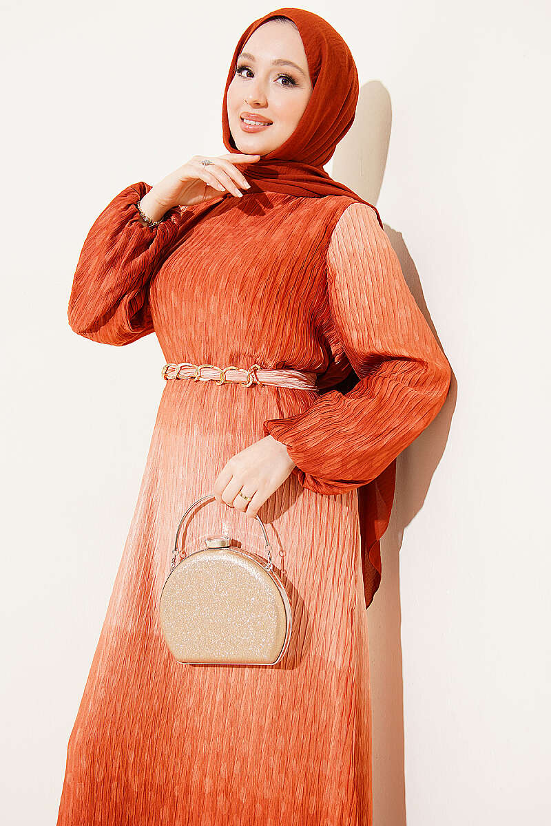 Belted Gathered Plissé Dress - Brick