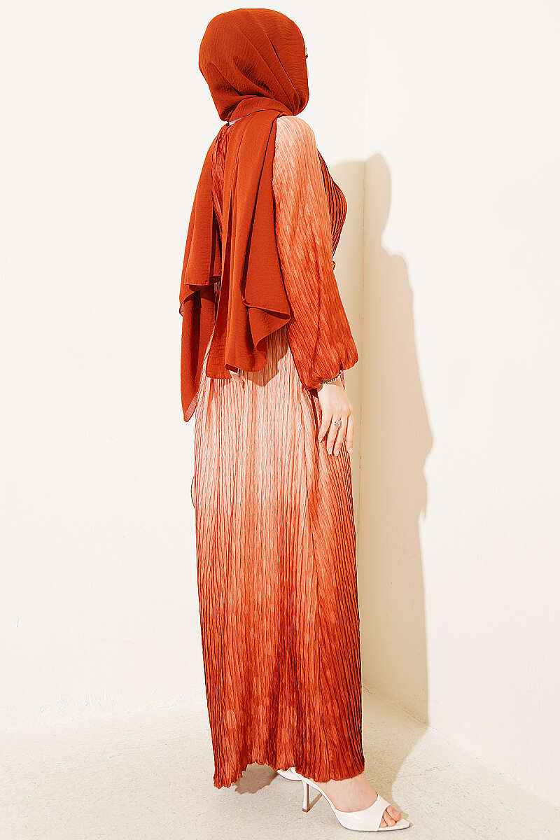 Belted Gathered Plissé Dress - Brick