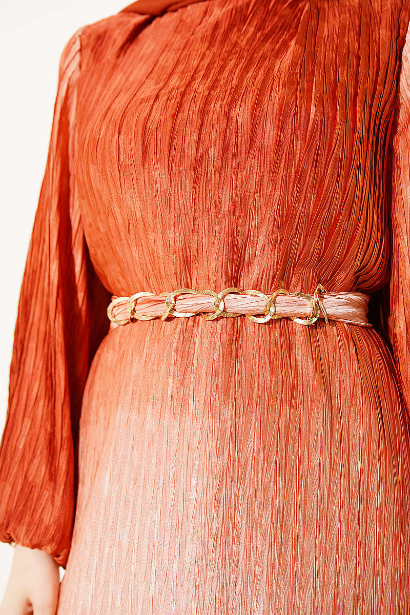 Belted Gathered Plissé Dress - Brick