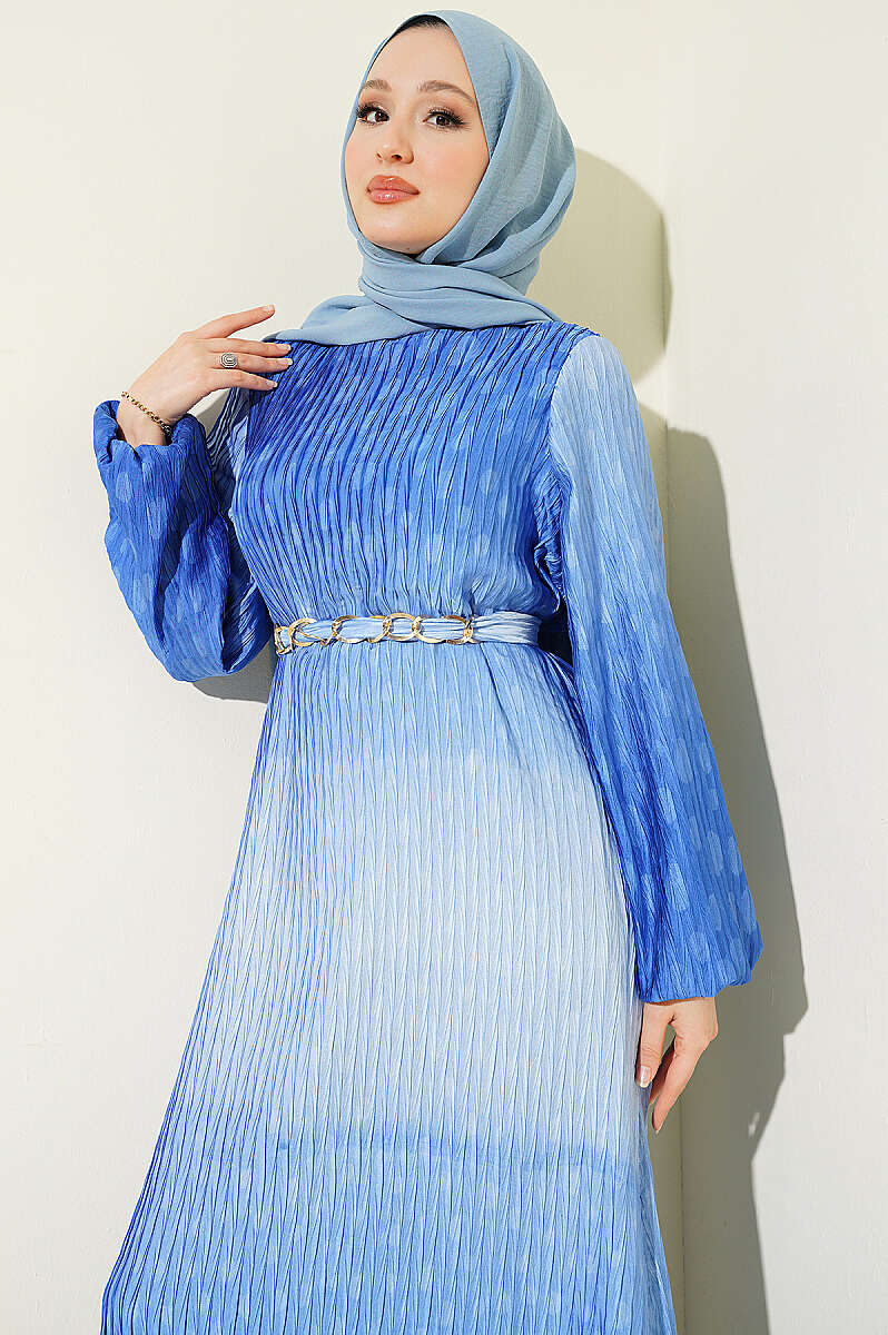 Belted Gathered Plissé Dress - Blue