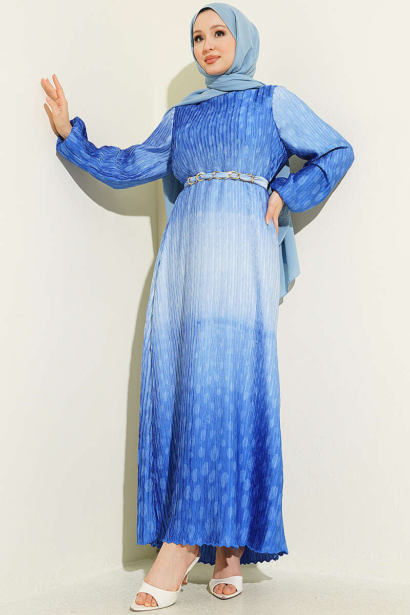 Belted Gathered Plissé Dress - Blue