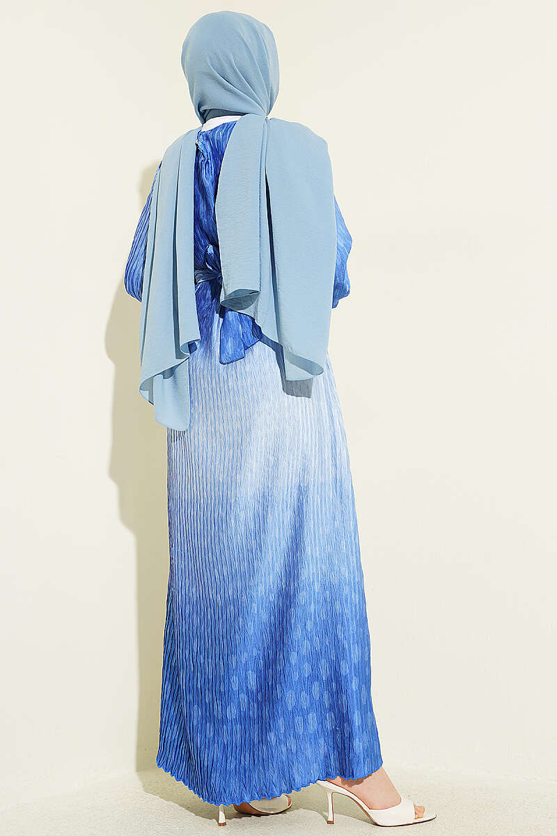 Belted Gathered Plissé Dress - Blue