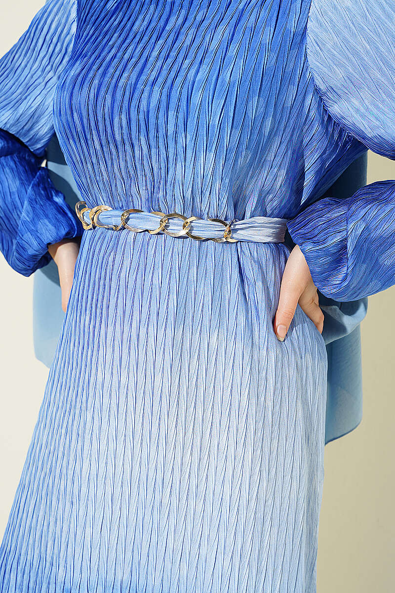 Belted Gathered Plissé Dress - Blue
