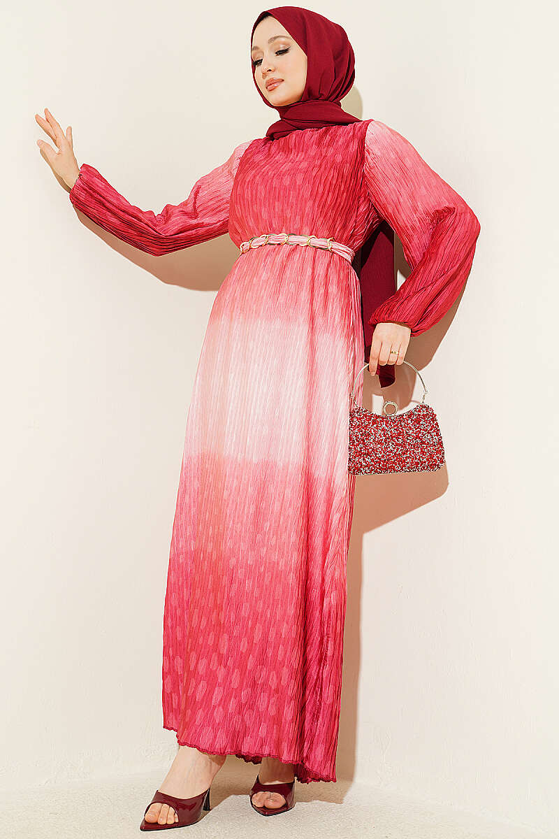 Belted Gathered Plissé Dress - Coral