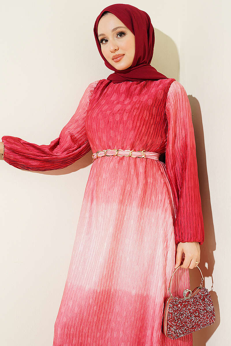 Belted Gathered Plissé Dress - Coral