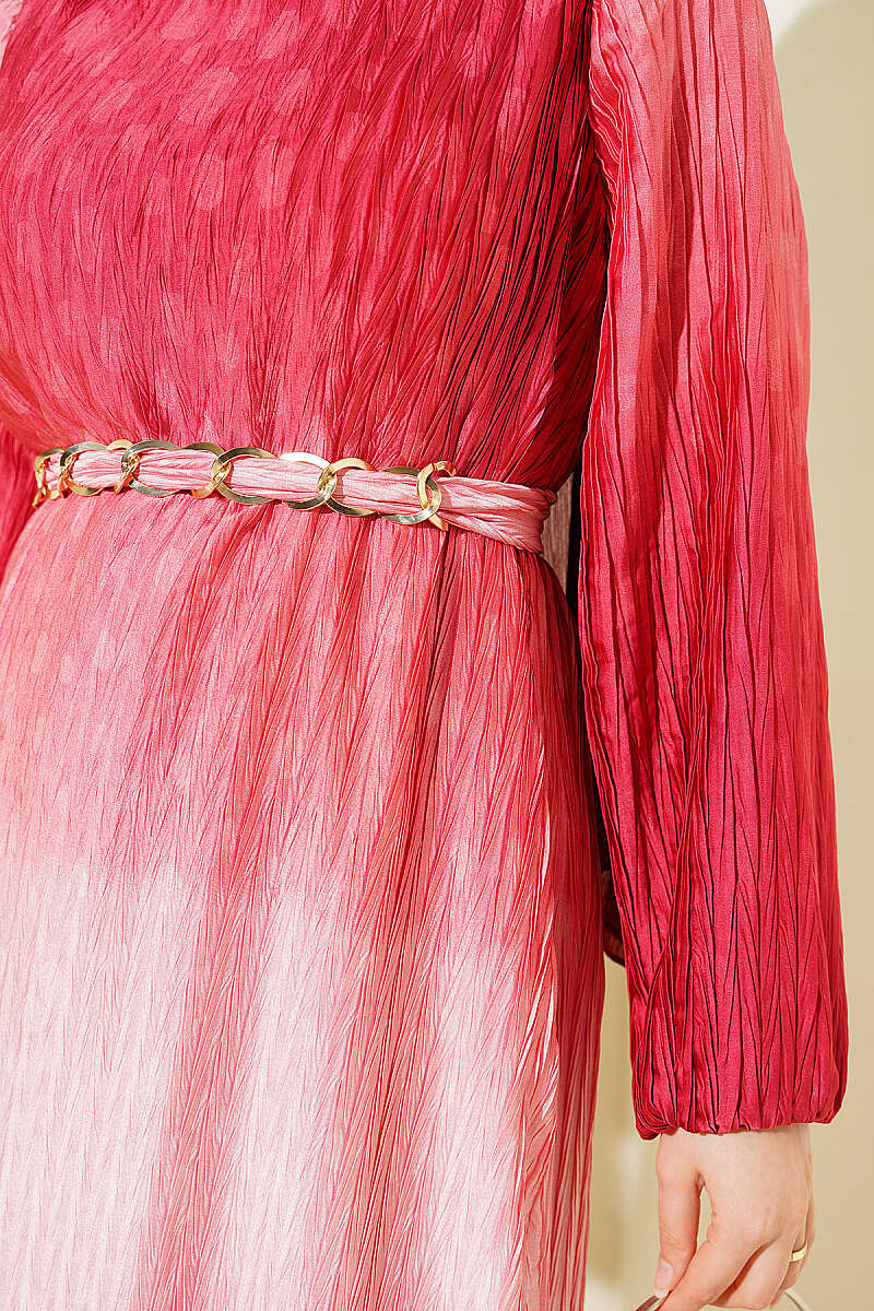 Belted Gathered Plissé Dress - Coral