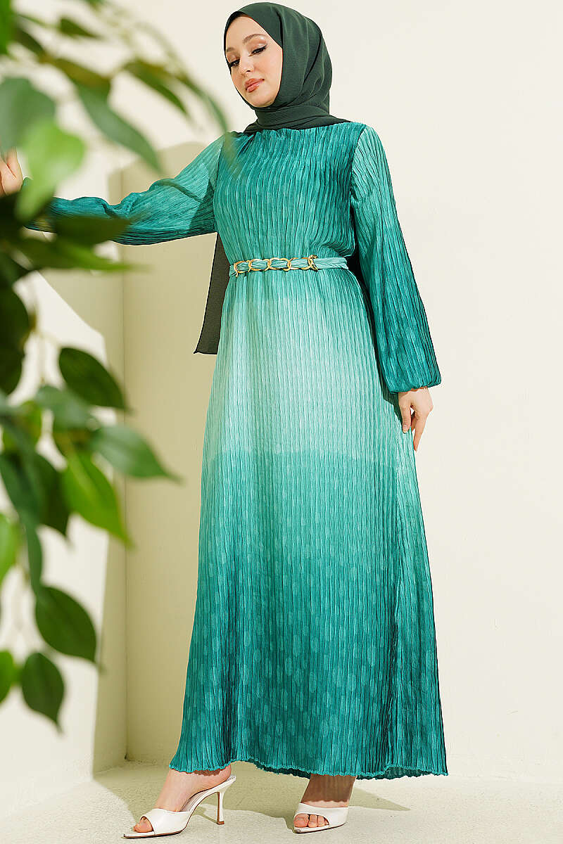 Belted Gathered Plissé Dress - Green