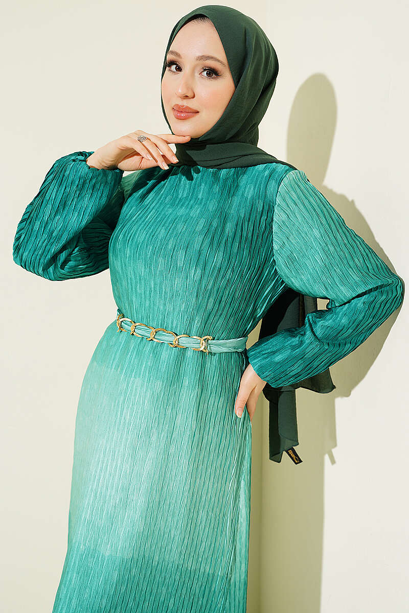 Belted Gathered Plissé Dress - Green