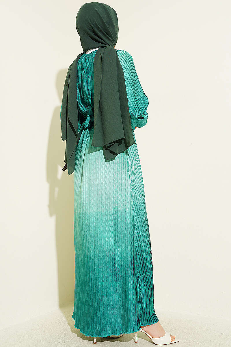Belted Gathered Plissé Dress - Green